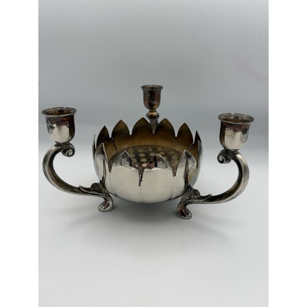 Leonard Silver Plate 3 Arm Candle Holder Centerpiece Floral Bowl Vintage